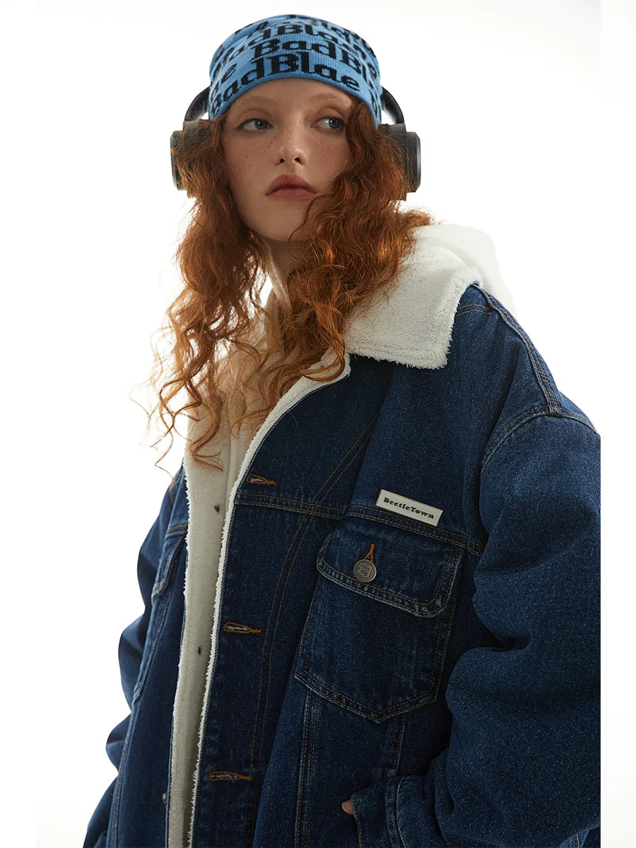 Ashore Shop Btown imitation lamb denim jacket for women loose couple thickened cotton coat