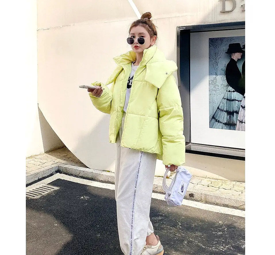 Ashore Shop winter new Korean style fluffy hooded bread down jacket women thick loose short jacket