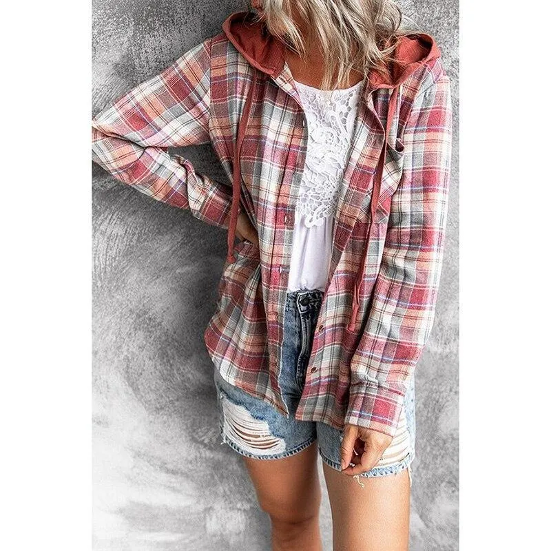 Autumn Winter Street Hooded Loose Women Plaid Shirt Jacket Turn Down Collar Long Sleeve Buttons Coat Outerwear Plus Size 3XL