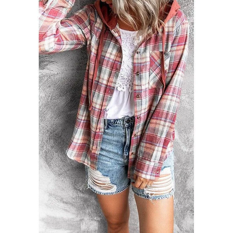 Autumn Winter Street Hooded Loose Women Plaid Shirt Jacket Turn Down Collar Long Sleeve Buttons Coat Outerwear Plus Size 3XL