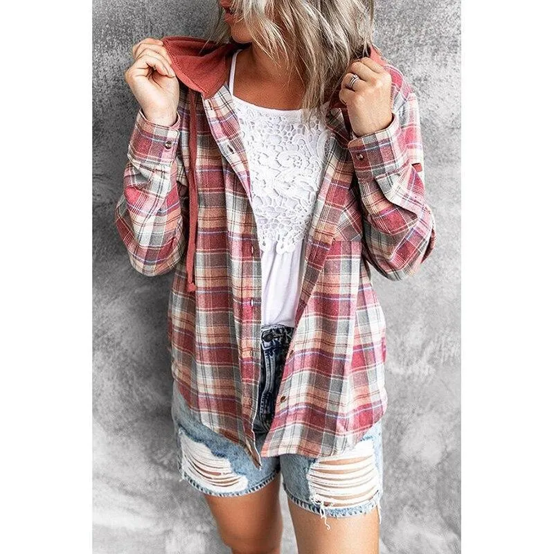 Autumn Winter Street Hooded Loose Women Plaid Shirt Jacket Turn Down Collar Long Sleeve Buttons Coat Outerwear Plus Size 3XL