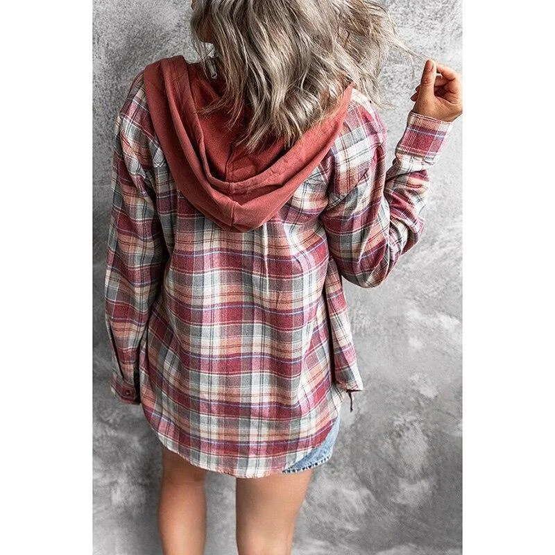 Autumn Winter Street Hooded Loose Women Plaid Shirt Jacket Turn Down Collar Long Sleeve Buttons Coat Outerwear Plus Size 3XL