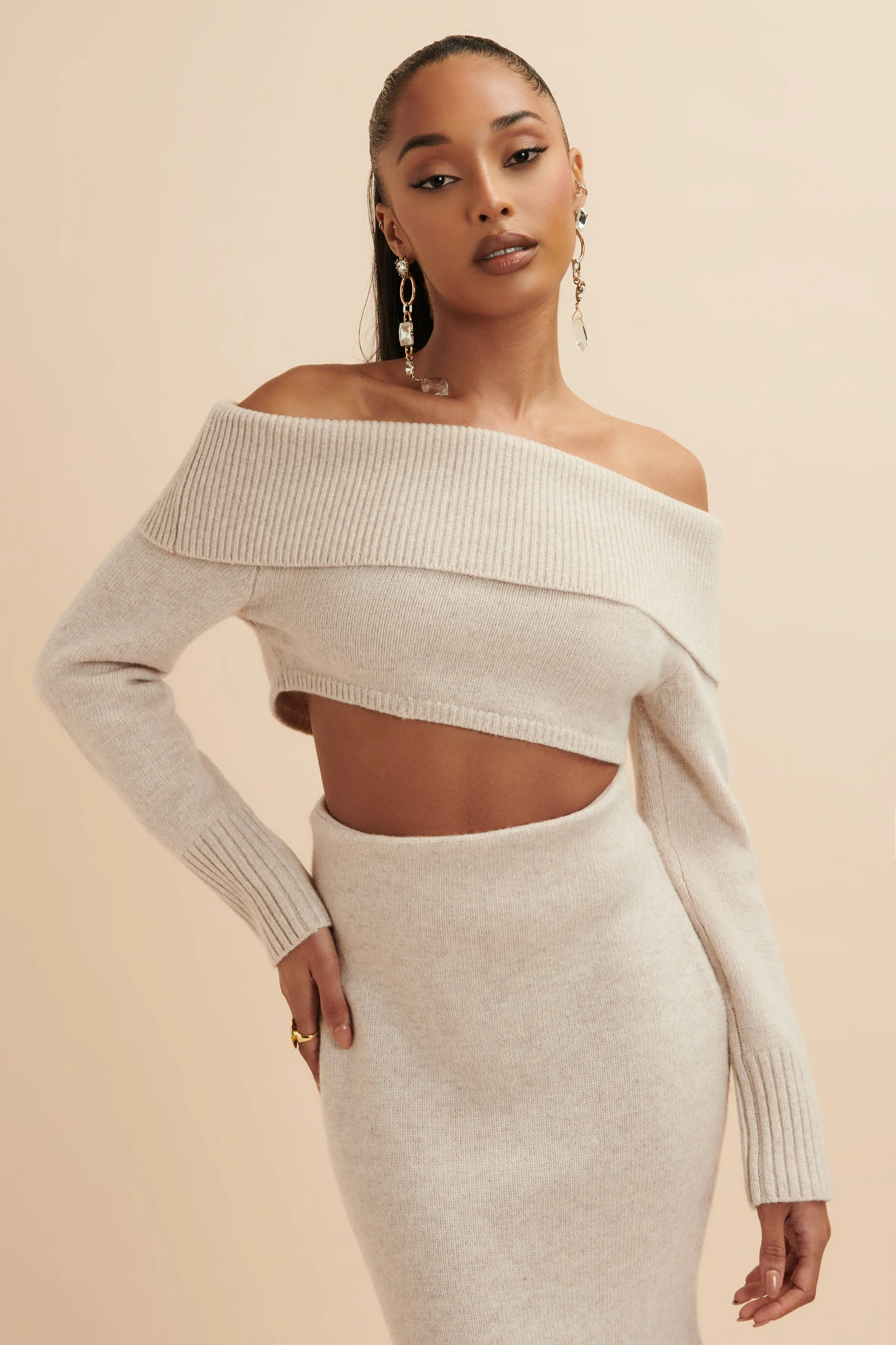 AVANI Knitted Wool Bardot Cropped Top In Stone