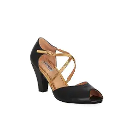 Black Peep Toe dance shoes with Gold crossover strap detail