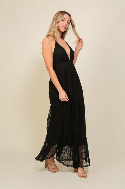 Boho Halter Tiered Lace Maxi Lined Dress