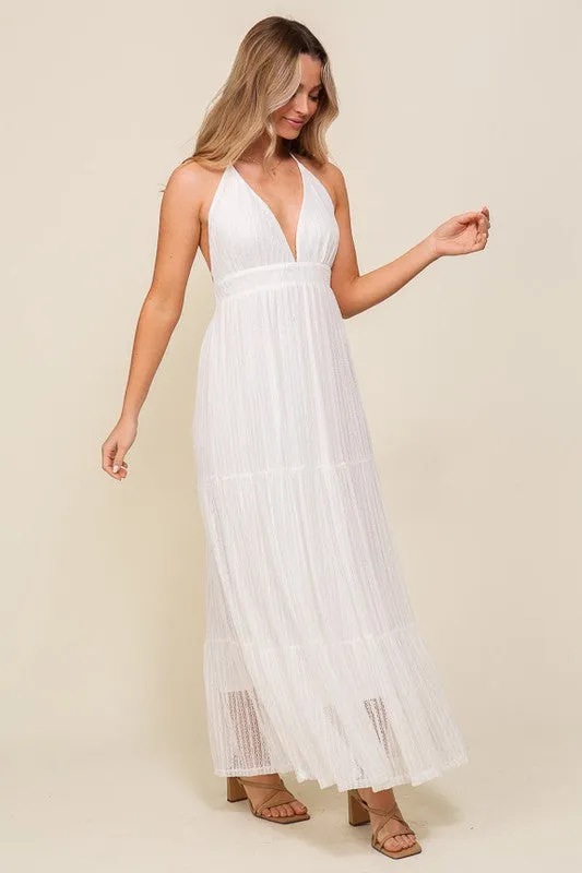 Boho Halter Tiered Lace Maxi Lined Dress