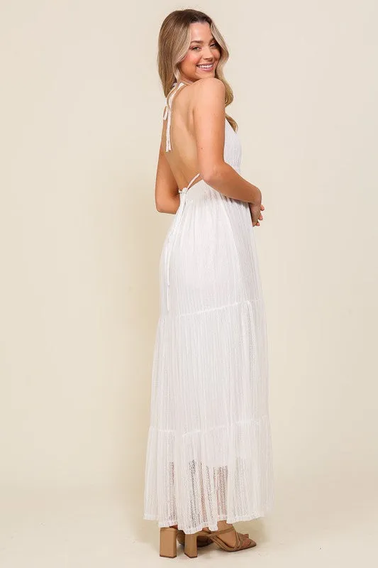 Boho Halter Tiered Lace Maxi Lined Dress