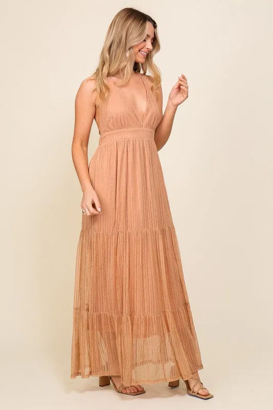 Boho Halter Tiered Lace Maxi Lined Dress