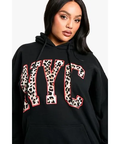 boohoo Womens Plus Leopard Nyc Oversized Hoodie