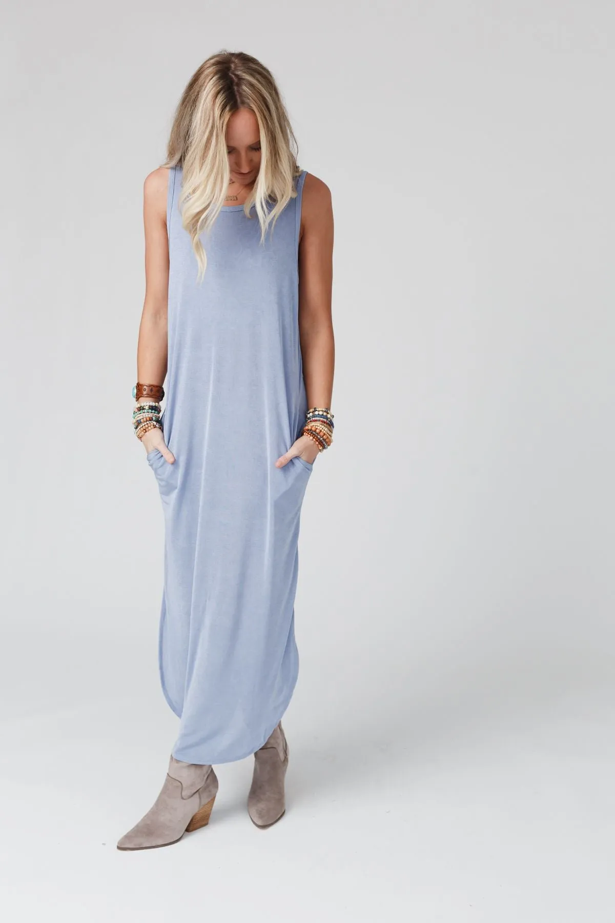 Cassie Sleeveless Pocket Slinky Maxi Dress - Light Blue