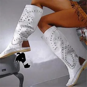 Casual Women's Solid Pattern Round Toe Flat Heels Knee-High Boots