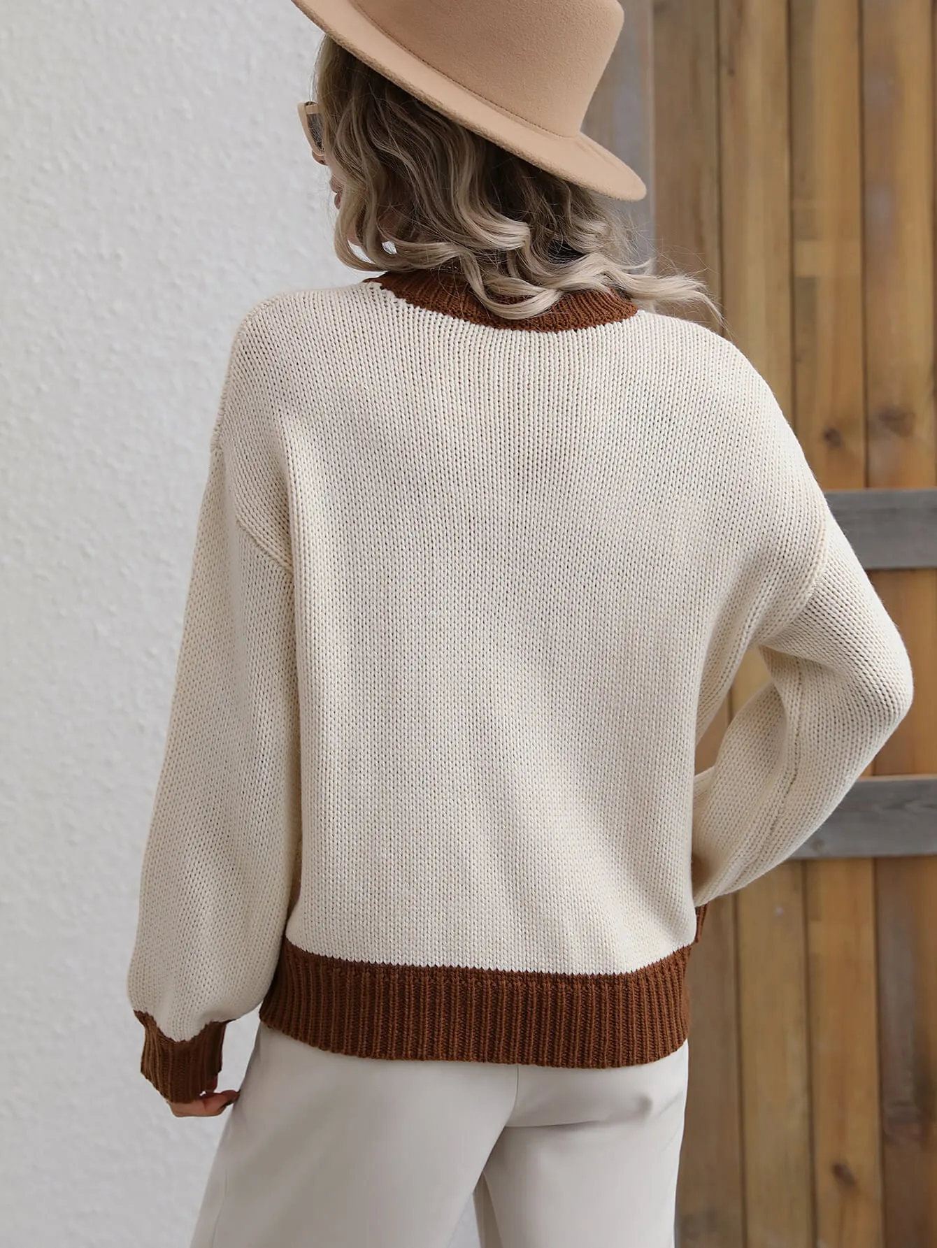 Contrast Trim Drop Shoulder Pullover Sweater