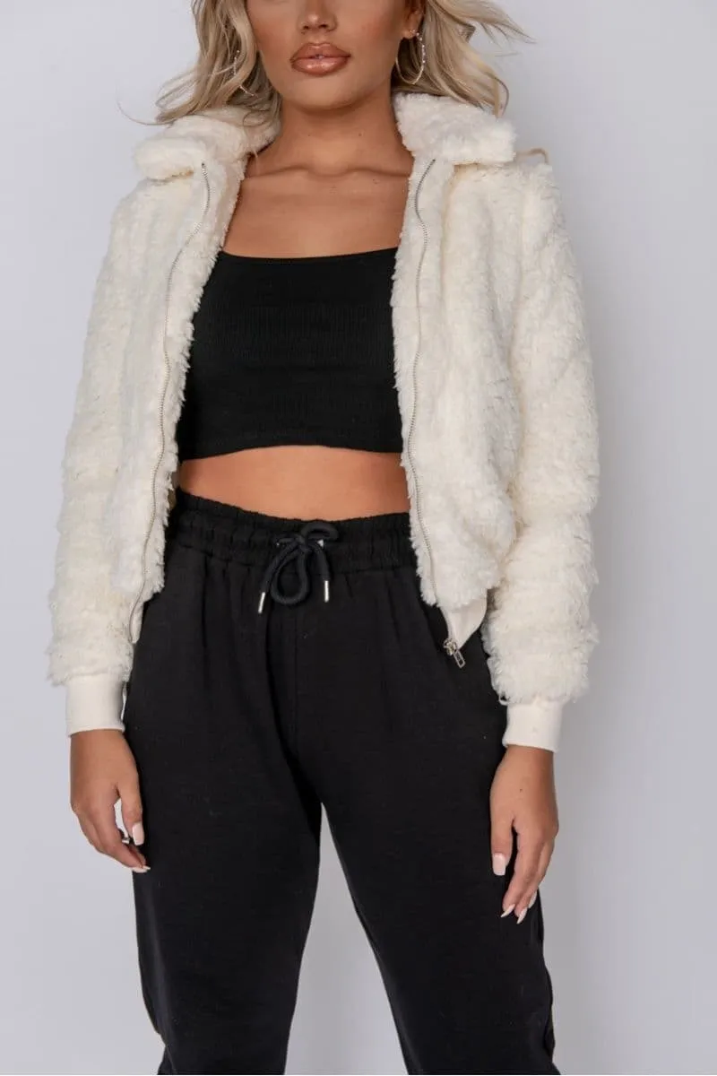 Cream Borg Fur Zip Front Bomber Jacket