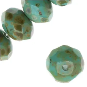 Czech Fire Polished Glass, Donut Rondelle Beads 8.5x5.5mm 'Turquoise/Full Coat Picasso' (25 Pieces)