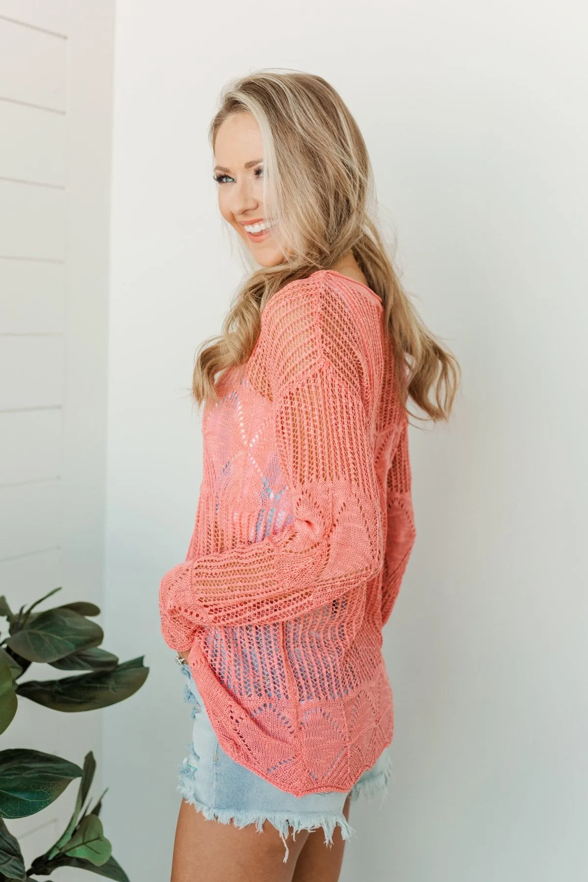 Effortless Smiles Open Knit Sweater- Coral