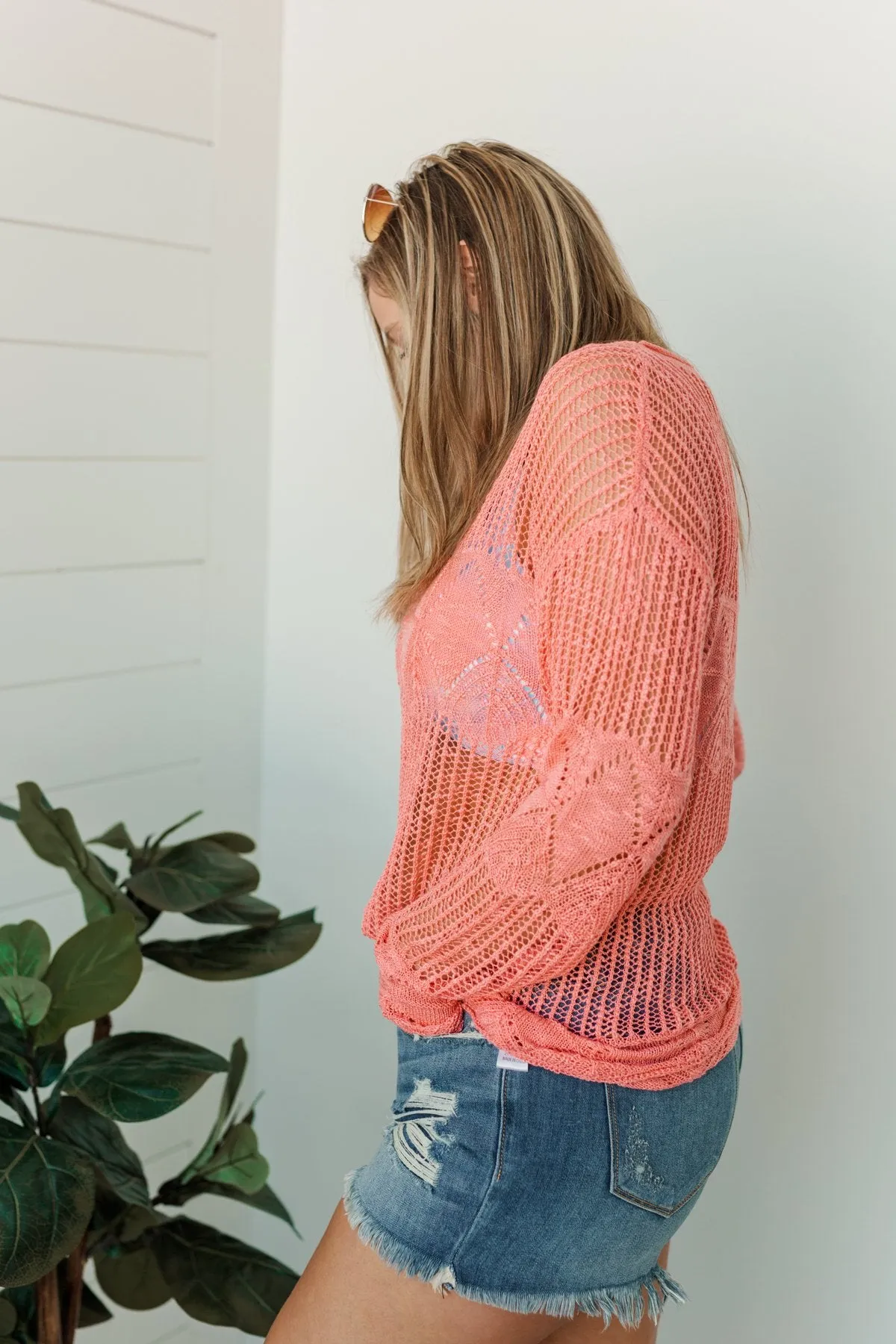 Effortless Smiles Open Knit Sweater- Coral