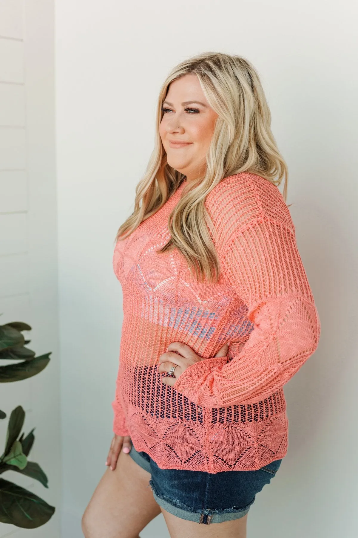 Effortless Smiles Open Knit Sweater- Coral