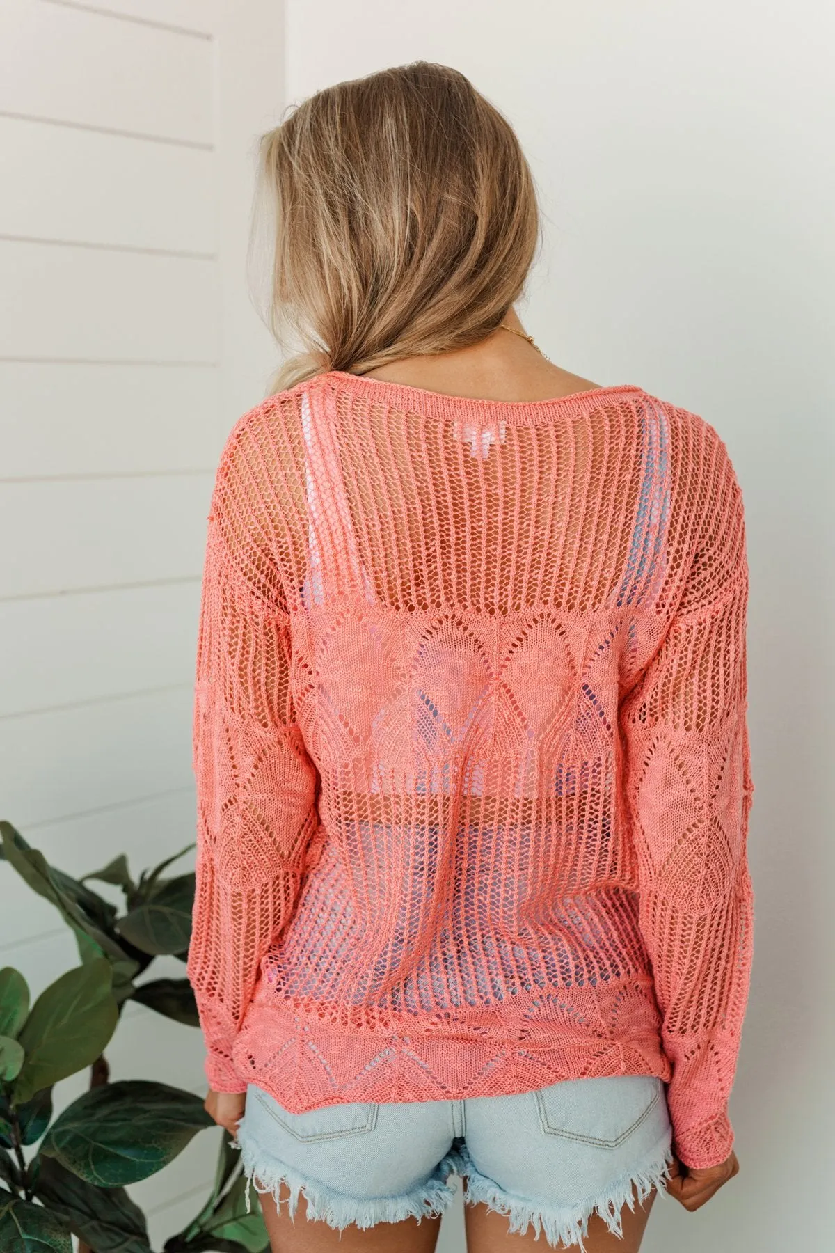 Effortless Smiles Open Knit Sweater- Coral