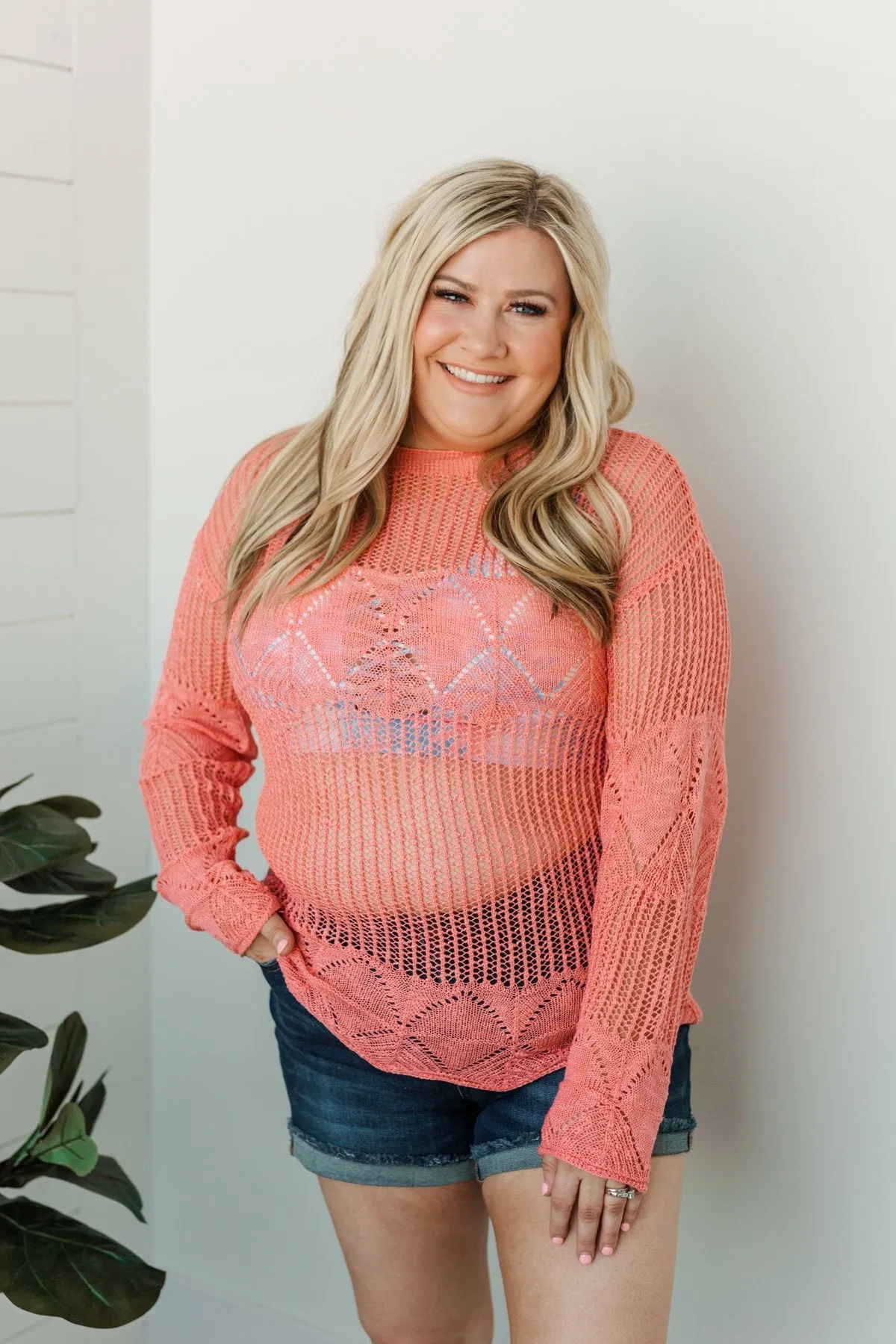 Effortless Smiles Open Knit Sweater- Coral