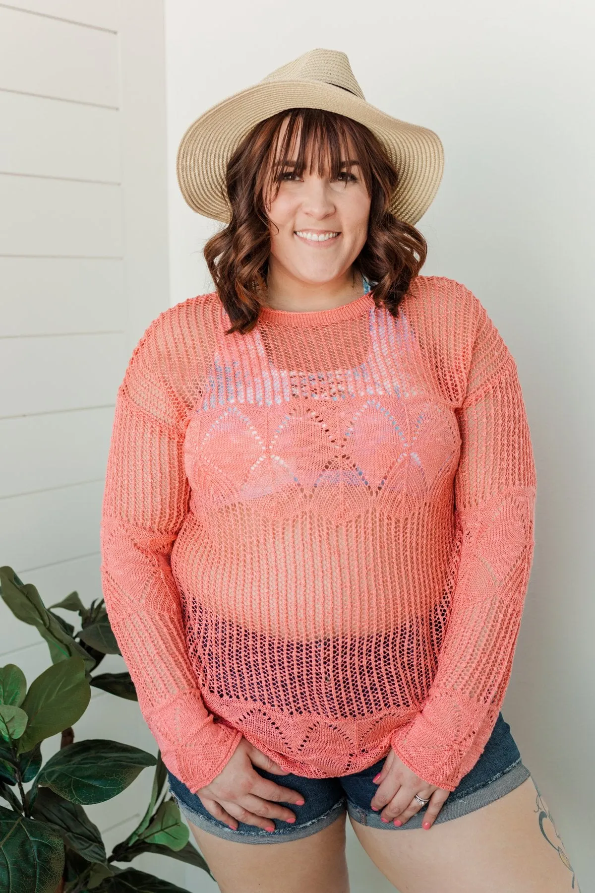 Effortless Smiles Open Knit Sweater- Coral