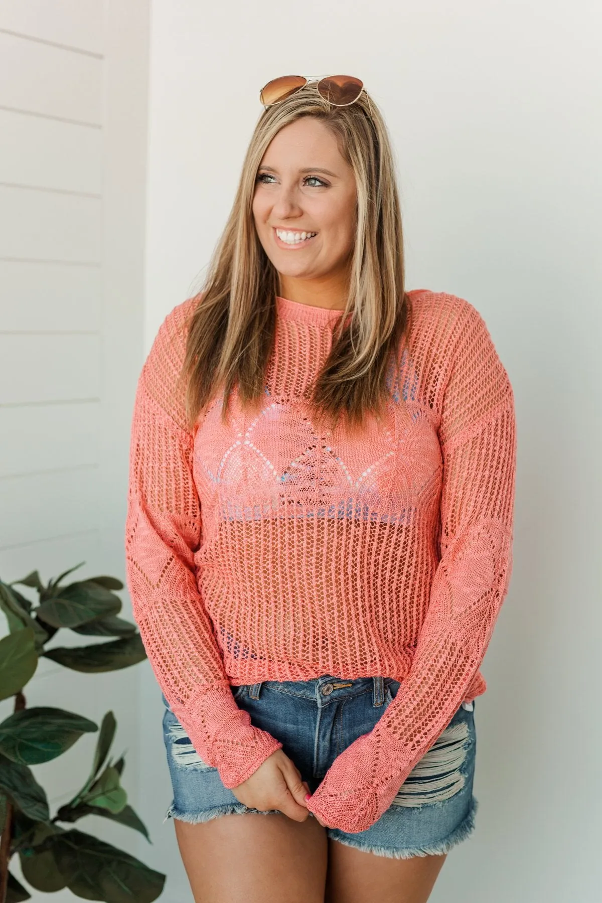 Effortless Smiles Open Knit Sweater- Coral