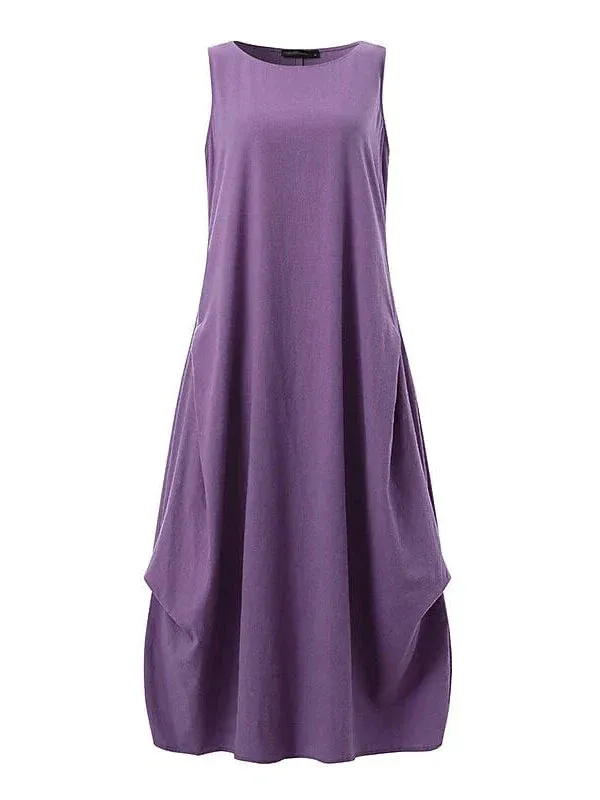 Elegant Sleeveless Cotton Linen Maxi Dress with Lace Detail for Women