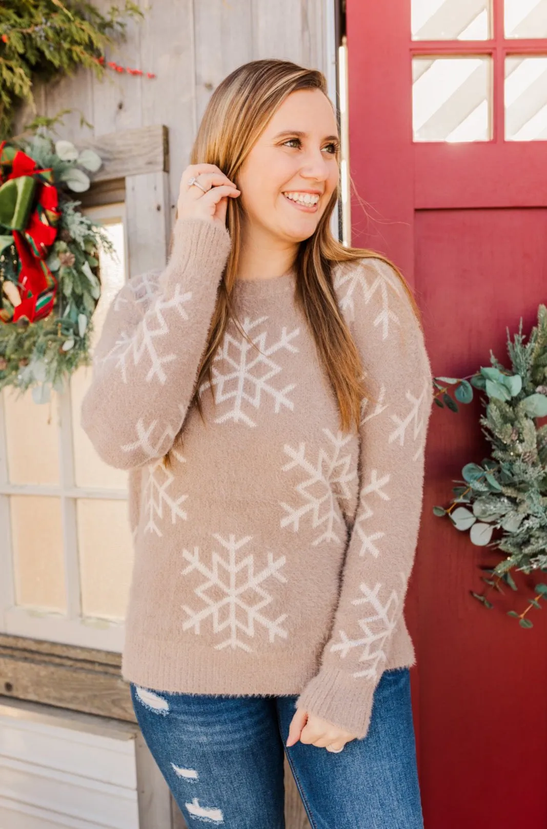 Falling Snowflakes Knit Sweater- Beige & Ivory