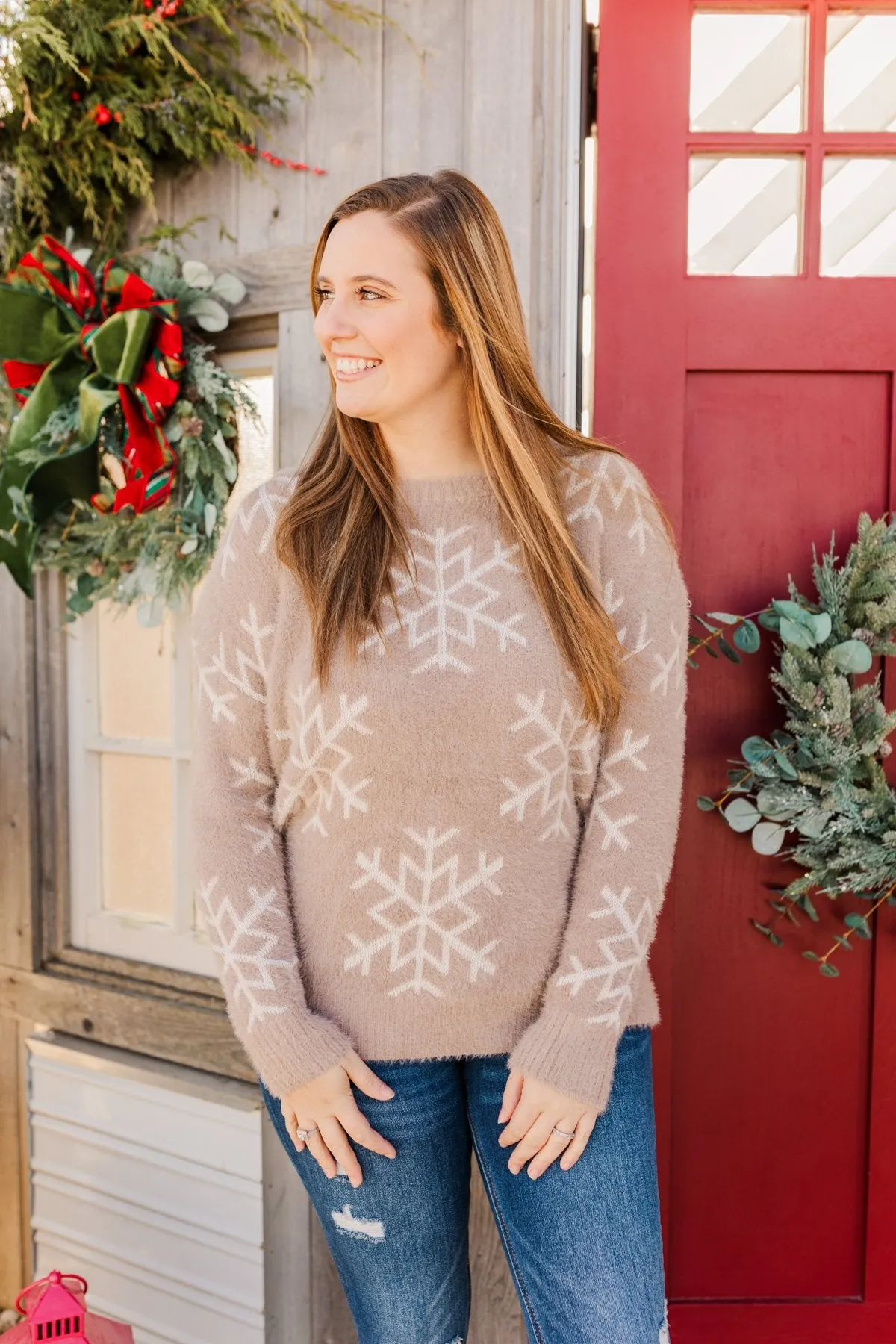 Falling Snowflakes Knit Sweater- Beige & Ivory