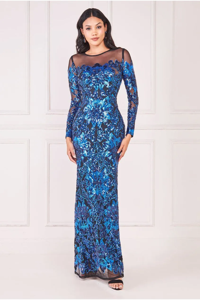 Goddiva Floral Sequin Mesh Maxi