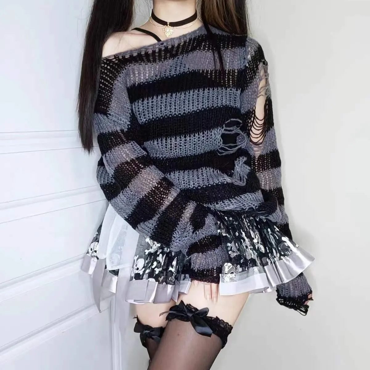 Gothic Sweater Women Knitted Striped Pullover