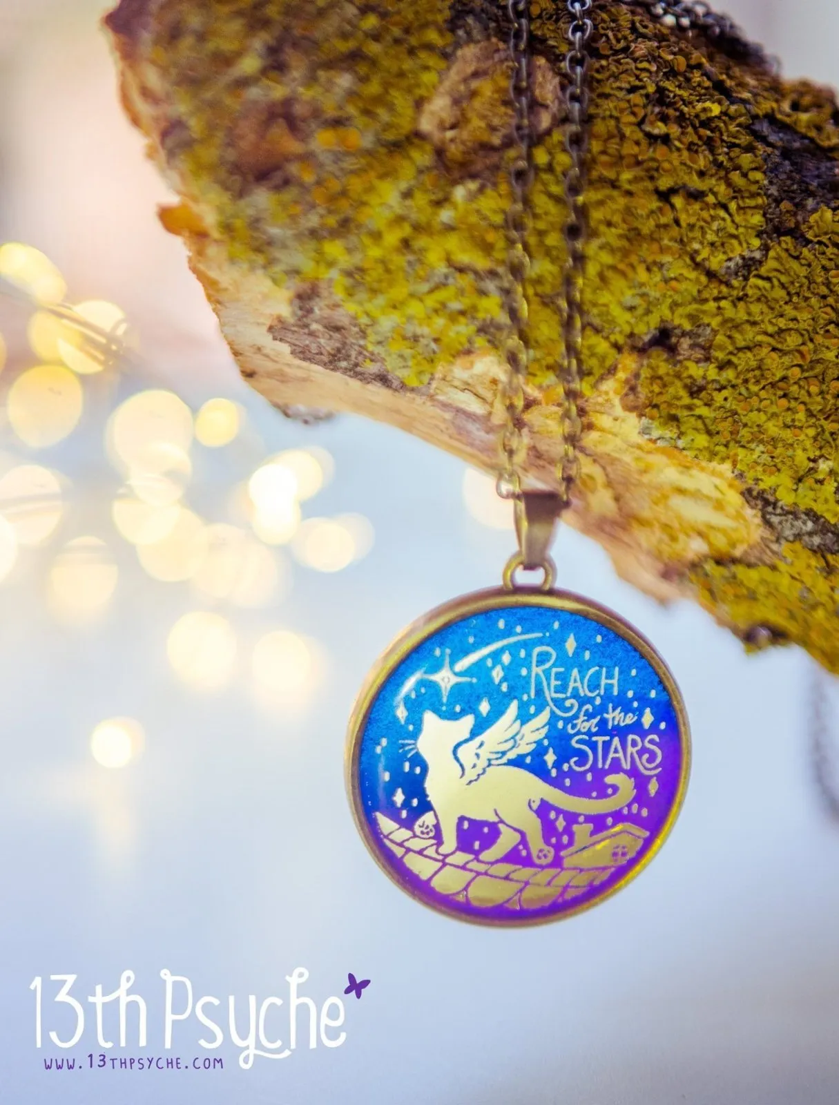 Inspirational Reach for the stars winged cat cameo necklace