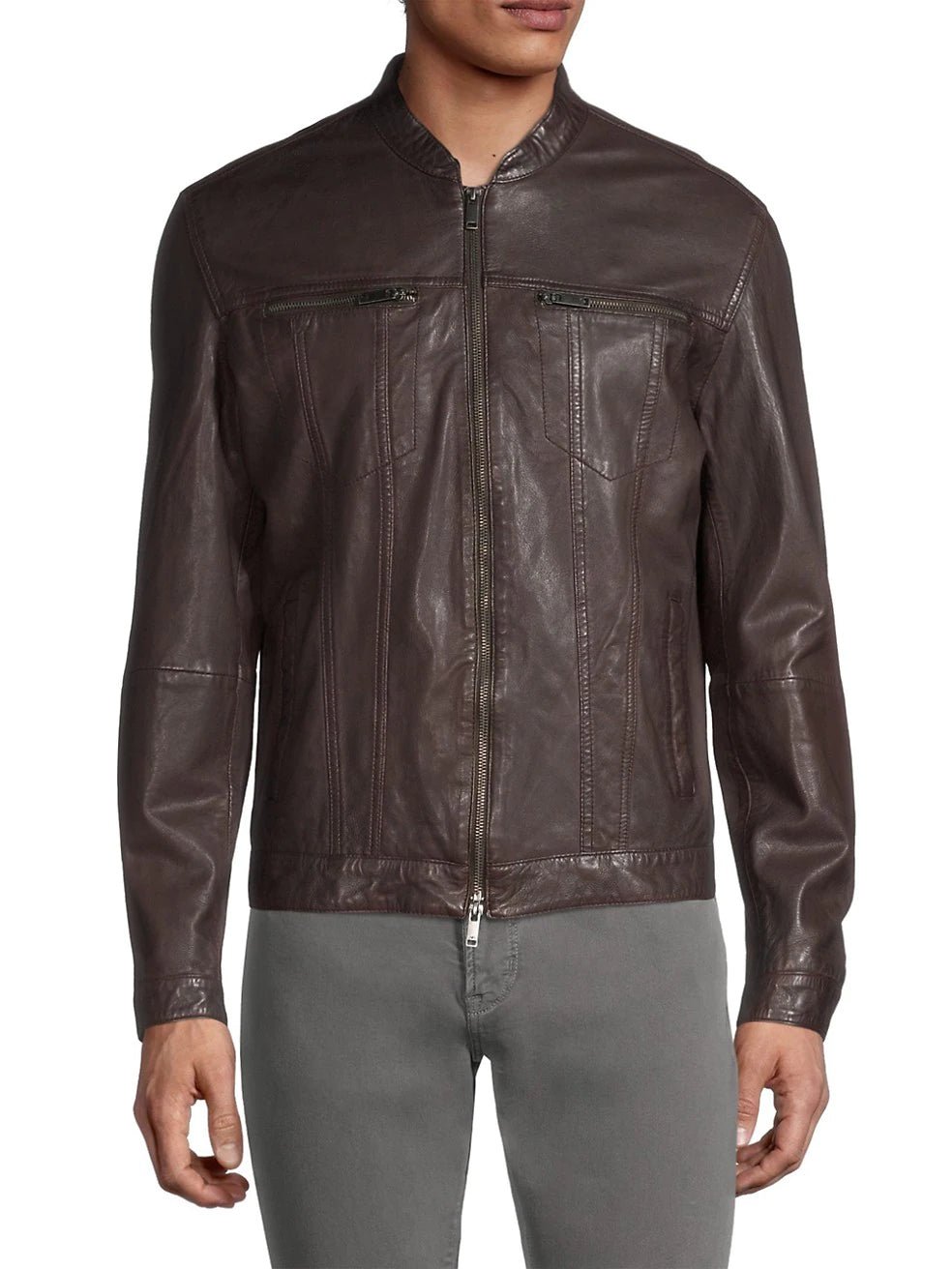 John Varvatos Band Collar Leather Jacket in Brown