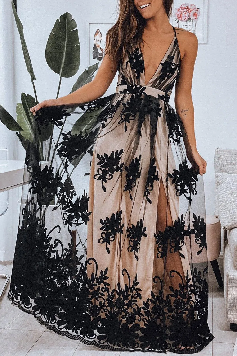 Lace Contrast Maxi Dress - Black