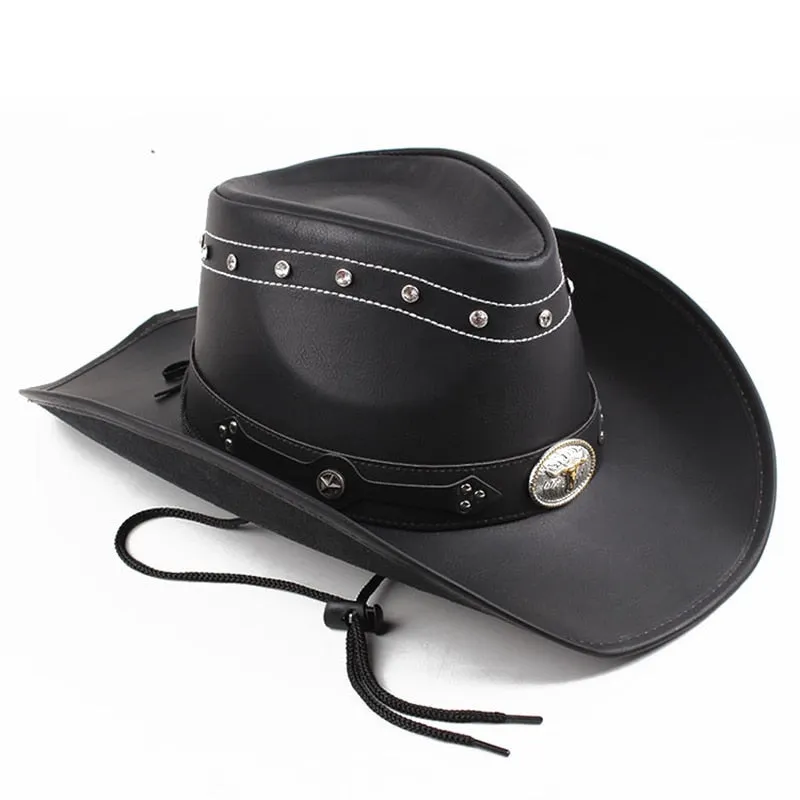 Men and Women Western Synthetic Leather Patchwork Pattern Jazz Hat