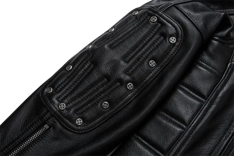 Men's Genuine Cowhide Leather Zipper Pocket Decor Motorcycle Jacket