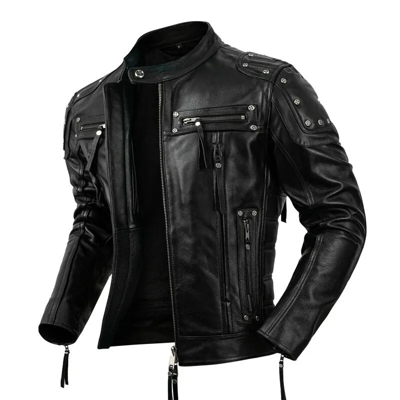 Men's Genuine Cowhide Leather Zipper Pocket Decor Motorcycle Jacket