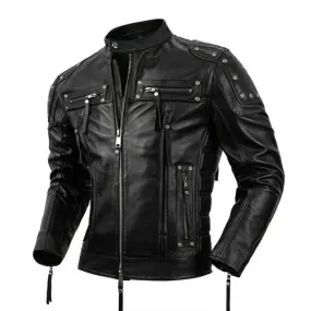 Men's Genuine Cowhide Leather Zipper Pocket Decor Motorcycle Jacket