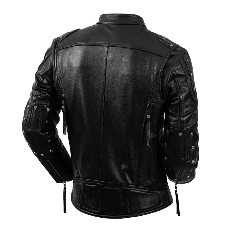 Men's Genuine Cowhide Leather Zipper Pocket Decor Motorcycle Jacket