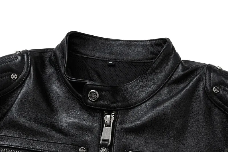 Men's Genuine Cowhide Leather Zipper Pocket Decor Motorcycle Jacket