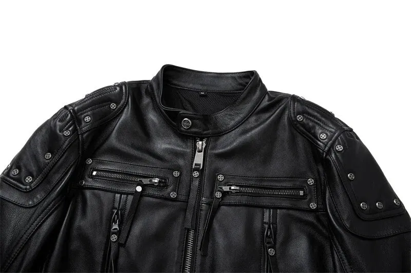 Men's Genuine Cowhide Leather Zipper Pocket Decor Motorcycle Jacket