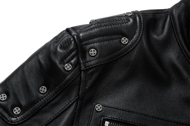 Men's Genuine Cowhide Leather Zipper Pocket Decor Motorcycle Jacket