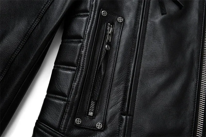 Men's Genuine Cowhide Leather Zipper Pocket Decor Motorcycle Jacket