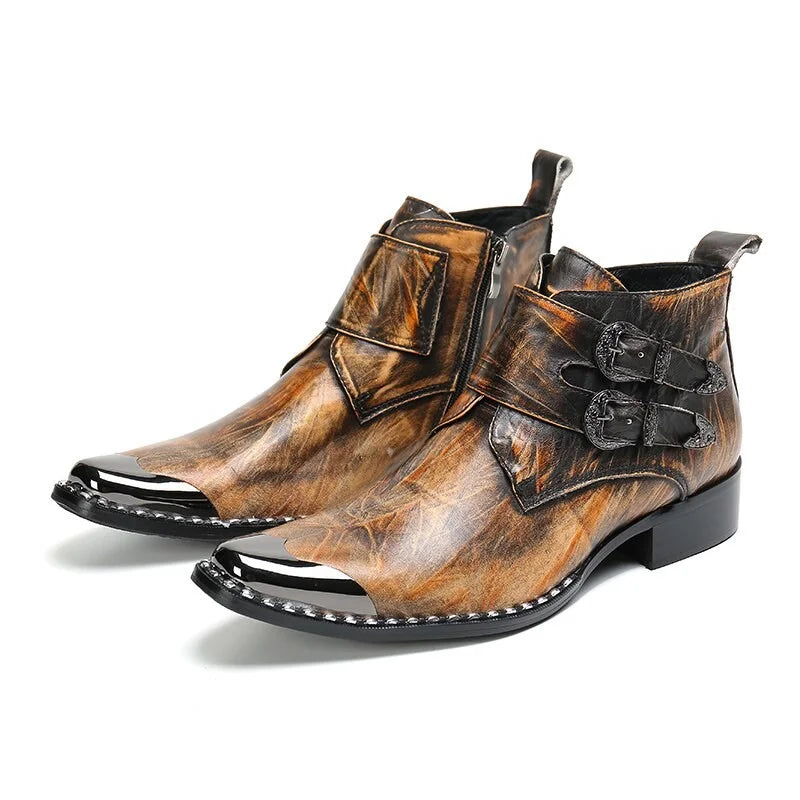 Men's Genuine Leather Pointed Toe Buckle Western Cowboy Ankle Boots