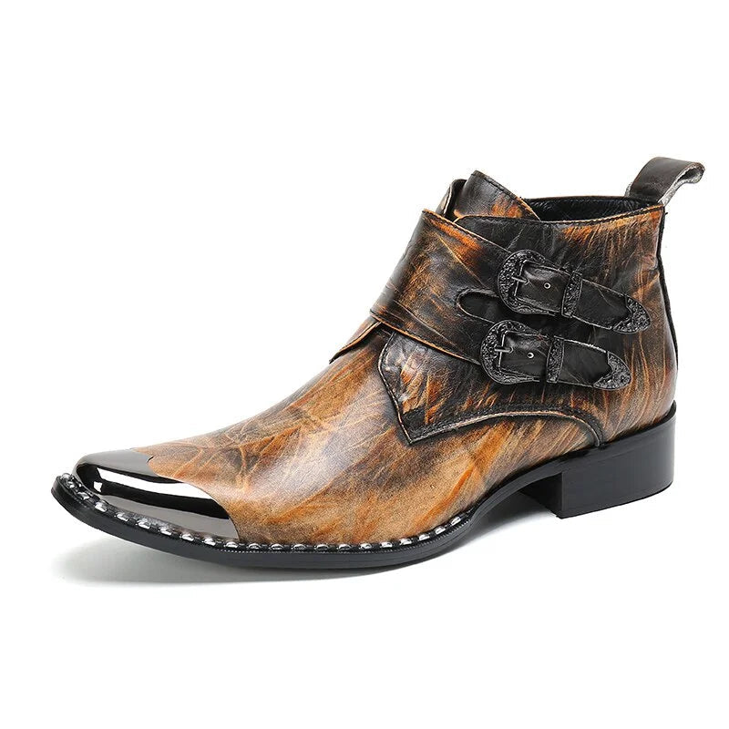 Men's Genuine Leather Pointed Toe Buckle Western Cowboy Ankle Boots