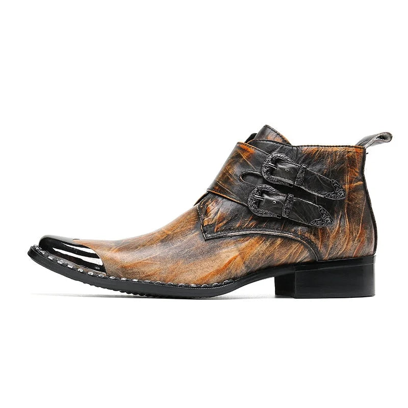 Men's Genuine Leather Pointed Toe Buckle Western Cowboy Ankle Boots