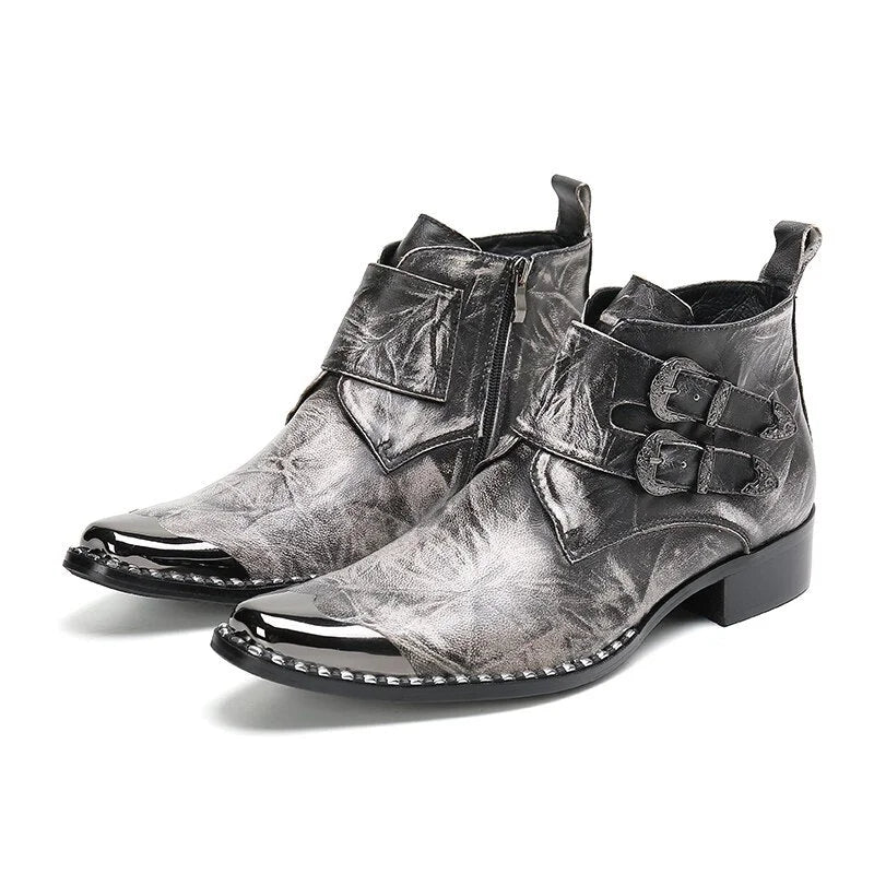 Men's Genuine Leather Pointed Toe Buckle Western Cowboy Ankle Boots