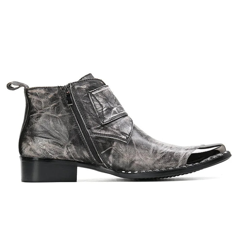 Men's Genuine Leather Pointed Toe Buckle Western Cowboy Ankle Boots