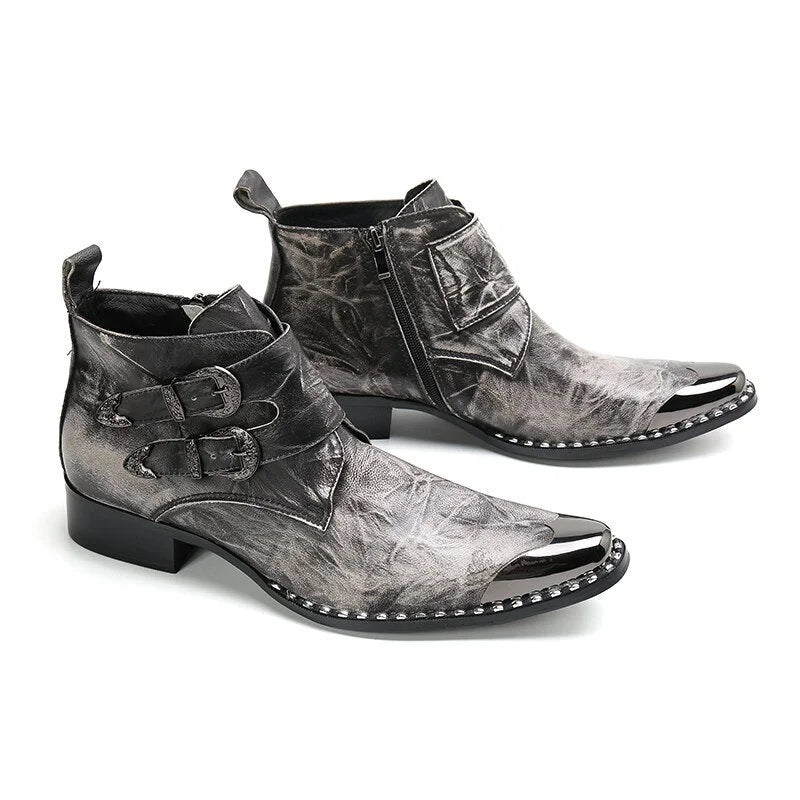 Men's Genuine Leather Pointed Toe Buckle Western Cowboy Ankle Boots