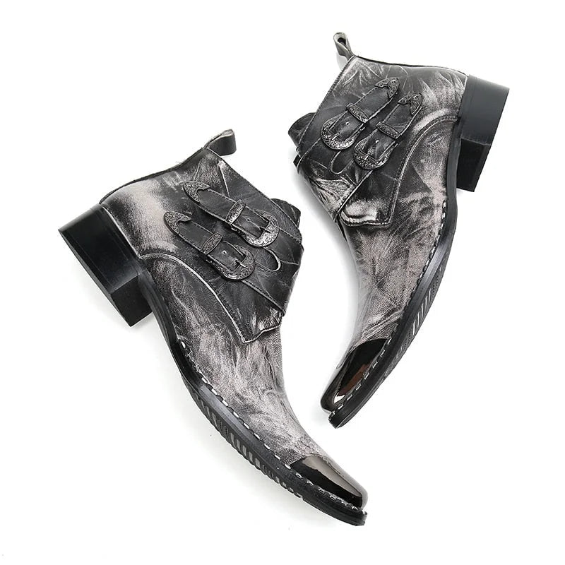 Men's Genuine Leather Pointed Toe Buckle Western Cowboy Ankle Boots