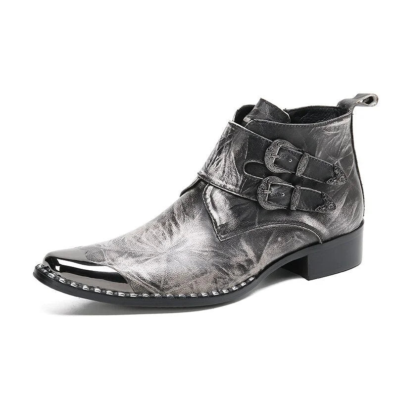 Men's Genuine Leather Pointed Toe Buckle Western Cowboy Ankle Boots